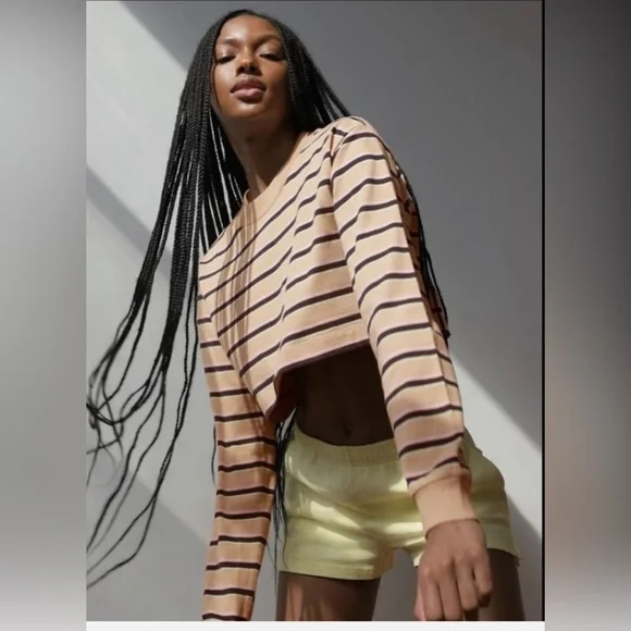 Aritzia TNA Striped Tan Long-Sleeve Crop Top - Picture 3 of 6
